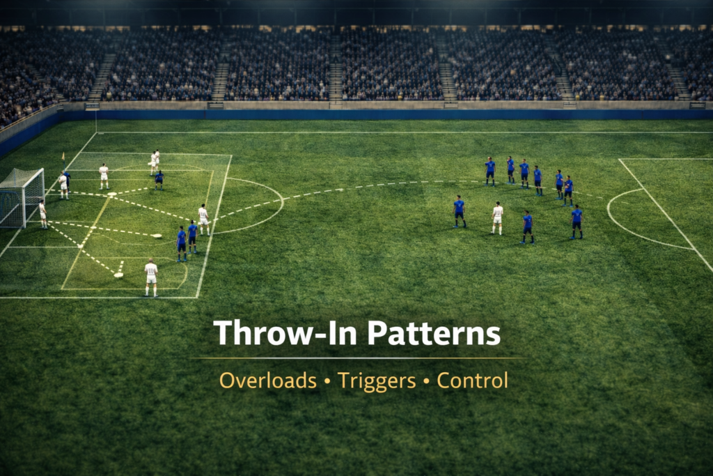Football tactics image illustrating attacking and defending throw-in patterns using positional overloads and compact defensive blocks.
