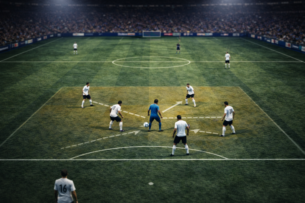 High-angle stadium image showing how counter-pressing removes time and passing lanes by surrounding the ball carrier immediately.