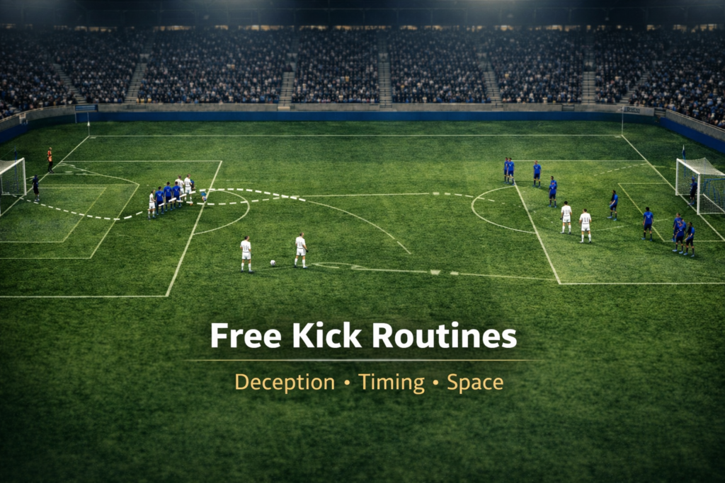 Football tactics image explaining indirect free kick routines using decoy runs and passing patterns to disrupt defensive organization.
