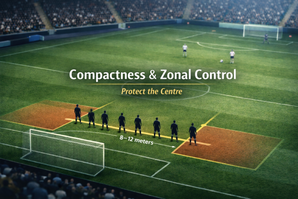 Tactical football image illustrating compact defensive spacing and central zone protection within a low block.