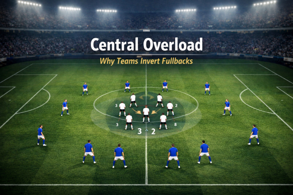 Tactical football image illustrating how inverted fullbacks help teams create central midfield overloads against compact defensive shapes.