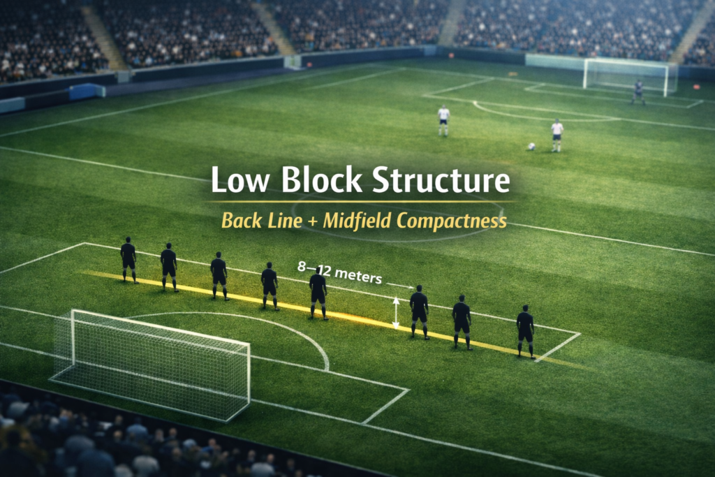 Football tactics image highlighting the structural spacing between defensive and midfield lines in a low block system.