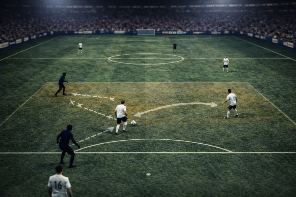 High-angle football image showing how a counter-press can be bypassed through quick passing and movement.