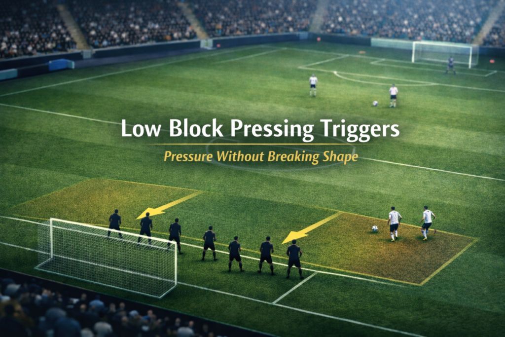 Visual explanation of selective pressing triggers used by teams defending in a low block.
