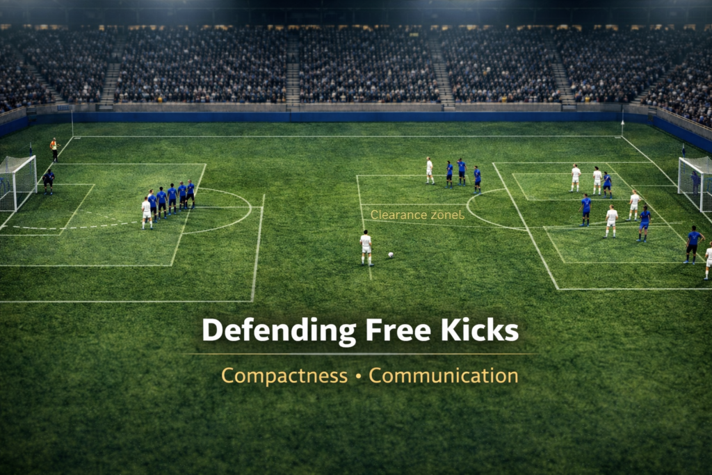 Tactical football visualization showing defensive free kick organization with structured walls, compact lines, and rebound control.
