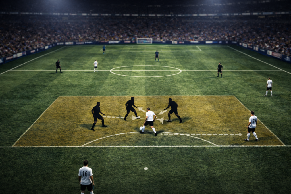 High-angle football stadium image showing a counter-press, with nearby players closing down the ball carrier immediately after possession is lost, highlighted by subtle tactical arrows showing counter-pressing