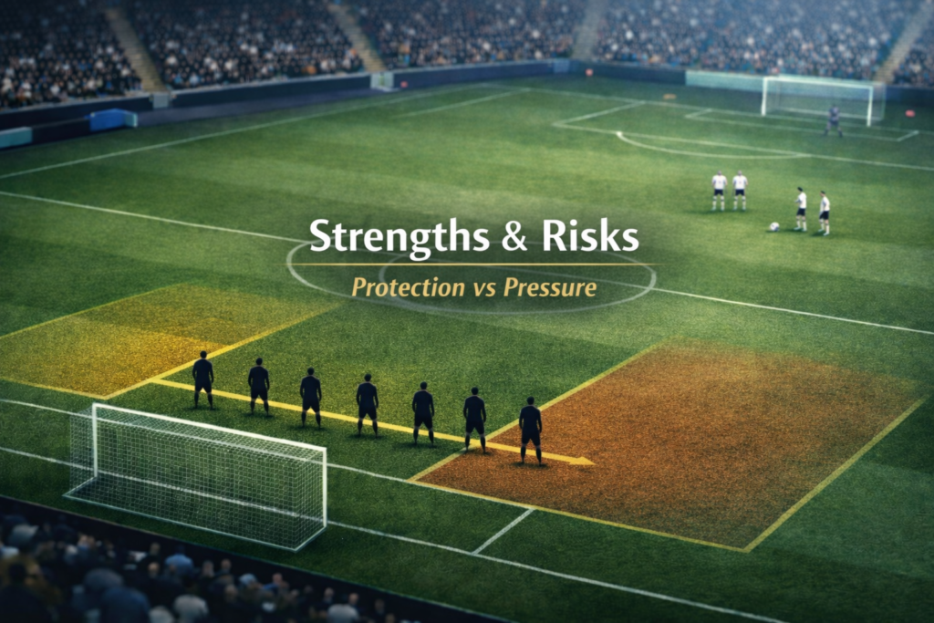 Football tactics image illustrating the balance between defensive protection and sustained pressure in a low block.