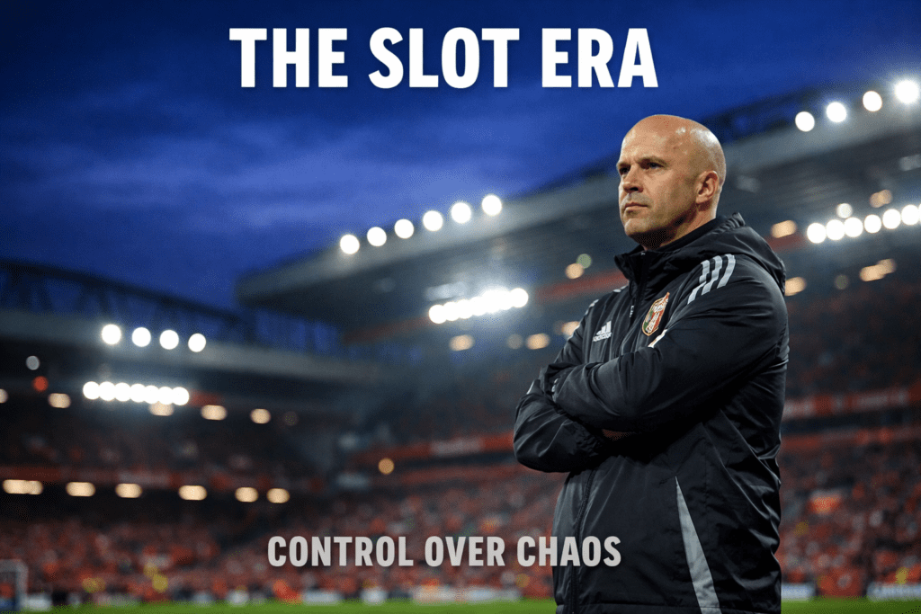 Arne Slot tactical manager standing on Liverpool touchline at Anfield during night match.