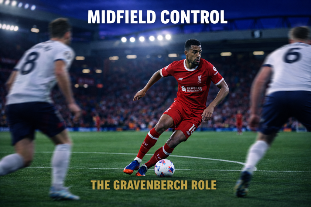 Ryan Gravenberch style midfielder turning with ball in midfield double pivot role.