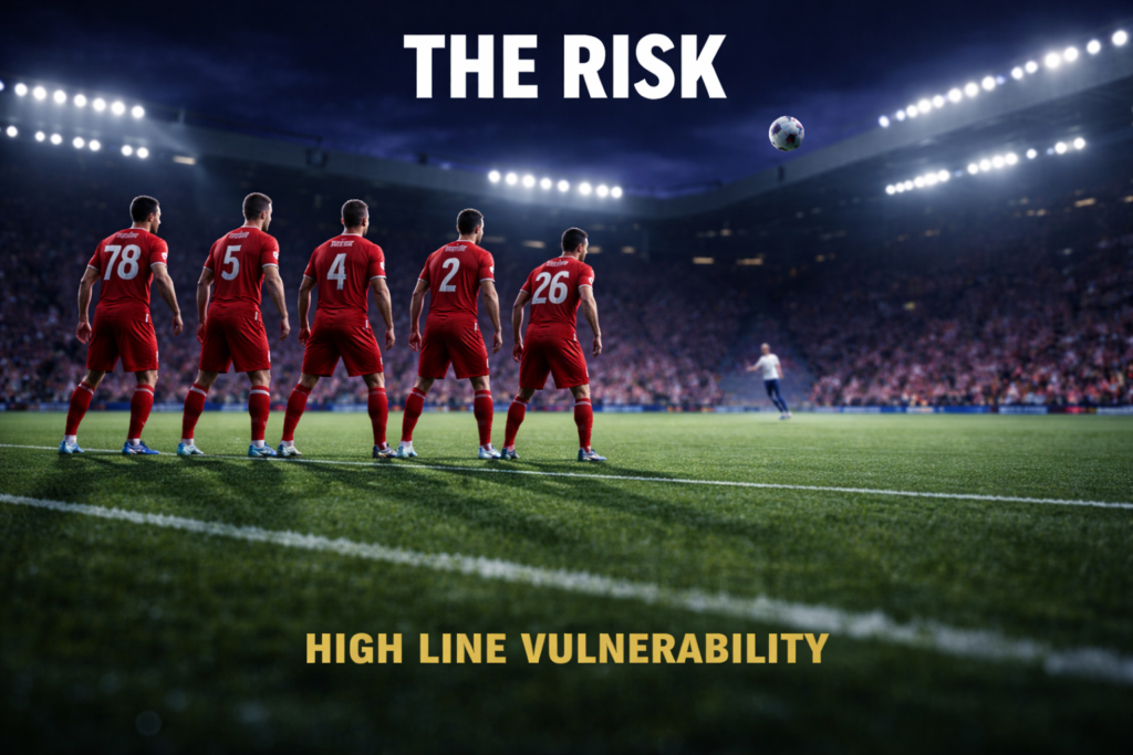 High defensive line vulnerability showing space behind defense for counter attacks.