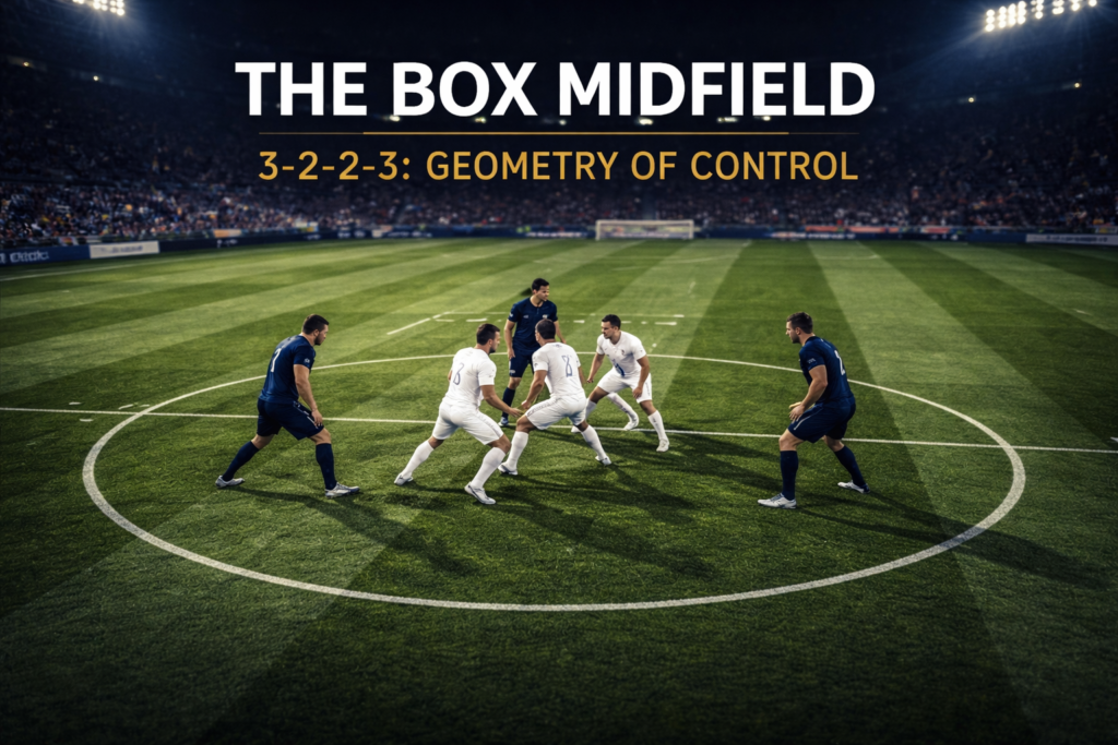 High-angle broadcast photo at twilight showing four navy-kit players forming a box midfield shape around three white-kit opponents in central midfield, illustrating the 3-2-2-3 box midfield tactics in modern football.