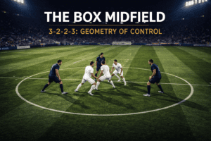 High-angle broadcast photo at twilight showing four navy-kit players forming a box midfield shape around three white-kit opponents in central midfield, illustrating the 3-2-2-3 box midfield tactics in modern football.