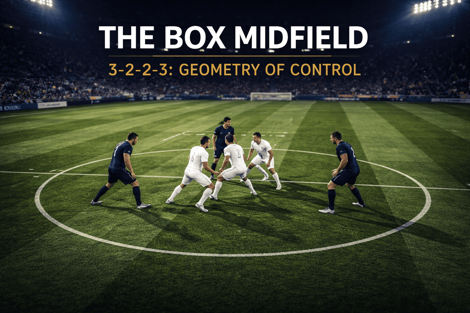 High-angle broadcast photo at twilight showing four navy-kit players forming a box midfield shape around three white-kit opponents in central midfield, illustrating the 3-2-2-3 box midfield tactics in modern football.