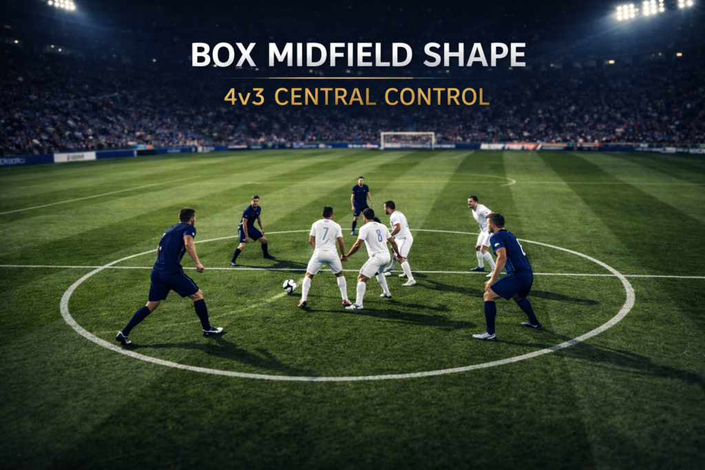 High-angle twilight broadcast photo showing four navy midfielders forming a box shape around three white defenders in central midfield. Showing Box Midfield Tactics