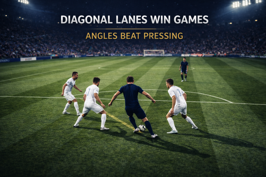 Twilight football image of a midfielder receiving between two defenders with a diagonal passing lane opening into the half-space.