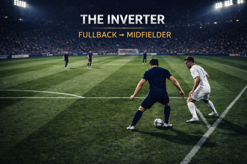 Twilight broadcast photo of a fullback stepping into midfield to receive the ball under pressure, forming a back three behind him.