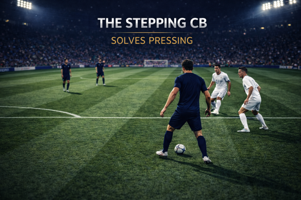 Broadcast night photo of a center-back carrying the ball into midfield as opponents hesitate to press.