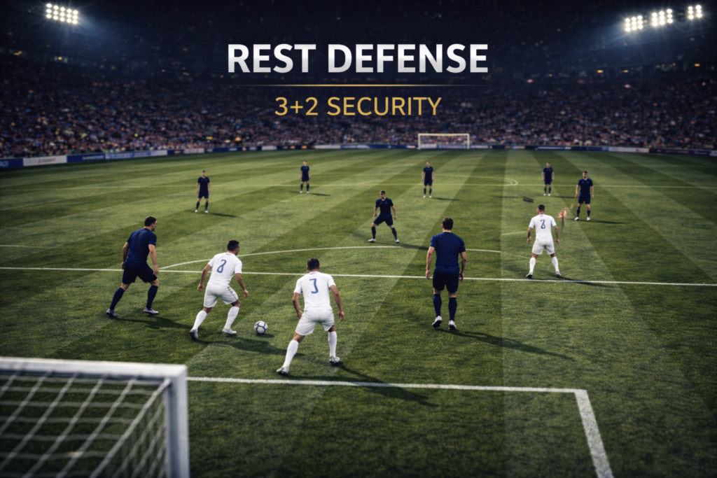 Wide twilight football image showing three defenders and two midfielders positioned behind the ball to stop a counterattack.