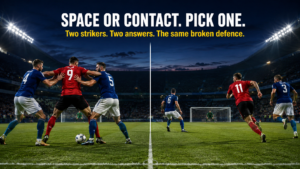 False 9 vs target man split composition - one striker drops deep, the other anchors the line.