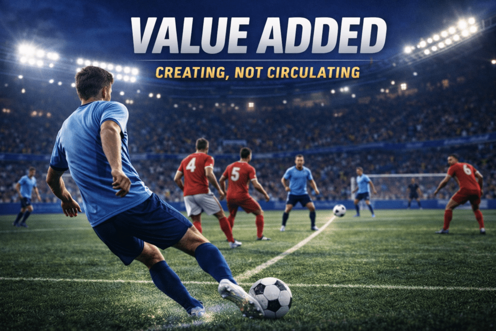 A midfielder delivering a decisive pass from the half-space, representing chance creation metrics like expected assists.