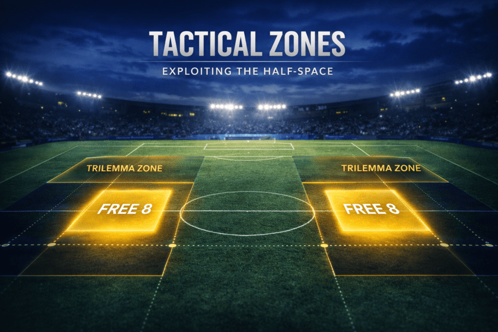 A tactical diagram showing the positioning of dual attacking midfielders in the half-spaces against a defensive block.
