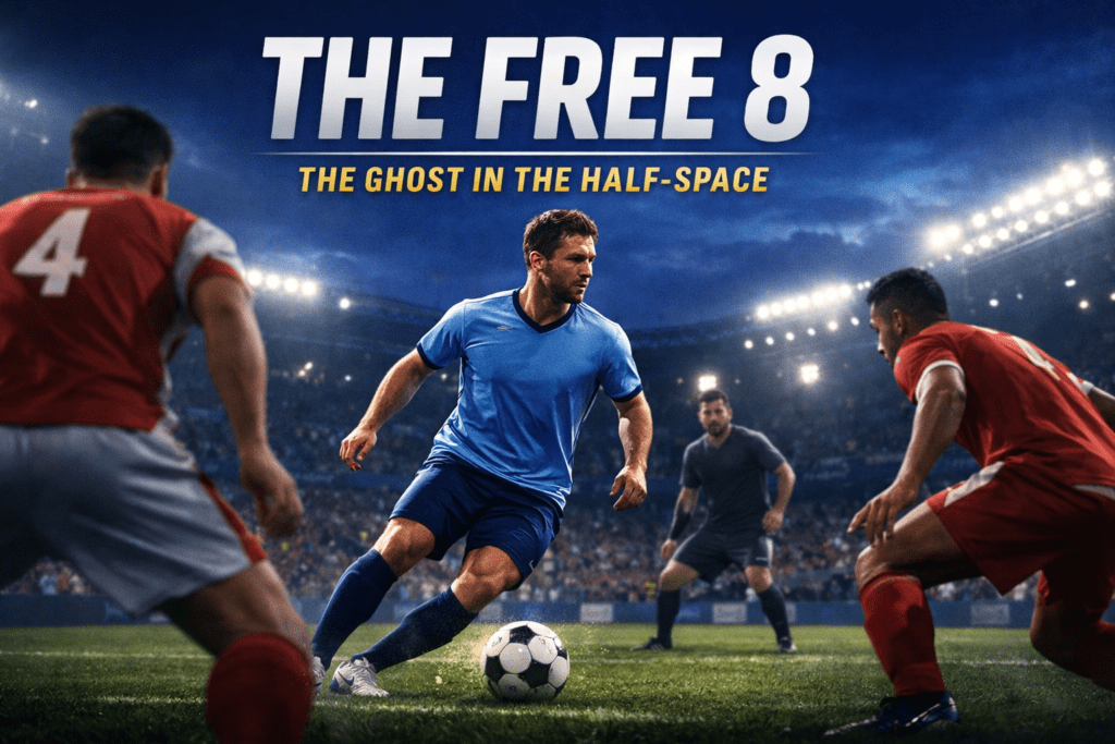 A modern attacking midfielder receiving the ball in the half-space during a night match, highlighting the Free 8 role in modern football tactics.