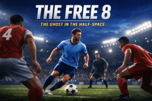 A modern attacking midfielder receiving the ball in the half-space during a night match, highlighting the Free 8 role in modern football tactics.