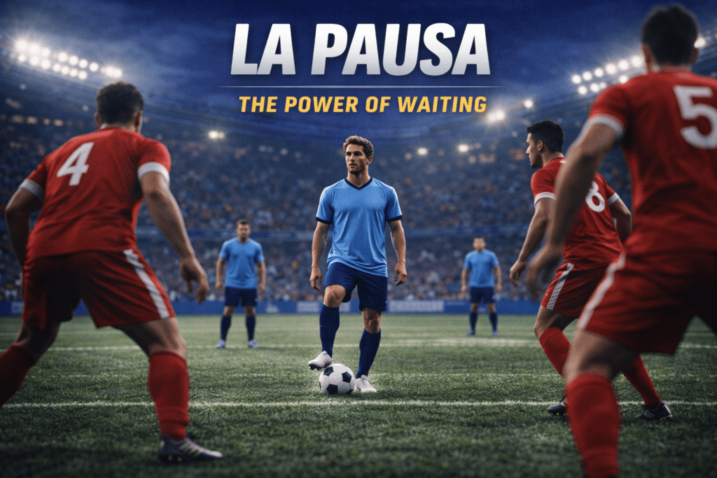 A creative midfielder slowing play to manipulate defensive positioning, demonstrating La Pausa in modern tactics.