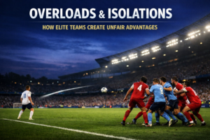 A twilight football match scene showing a crowded group of players battling for the ball on the right side of the pitch, while a lone winger waits in open space near the left touchline under stadium floodlights, illustrating modern football overloads and isolations tactics.