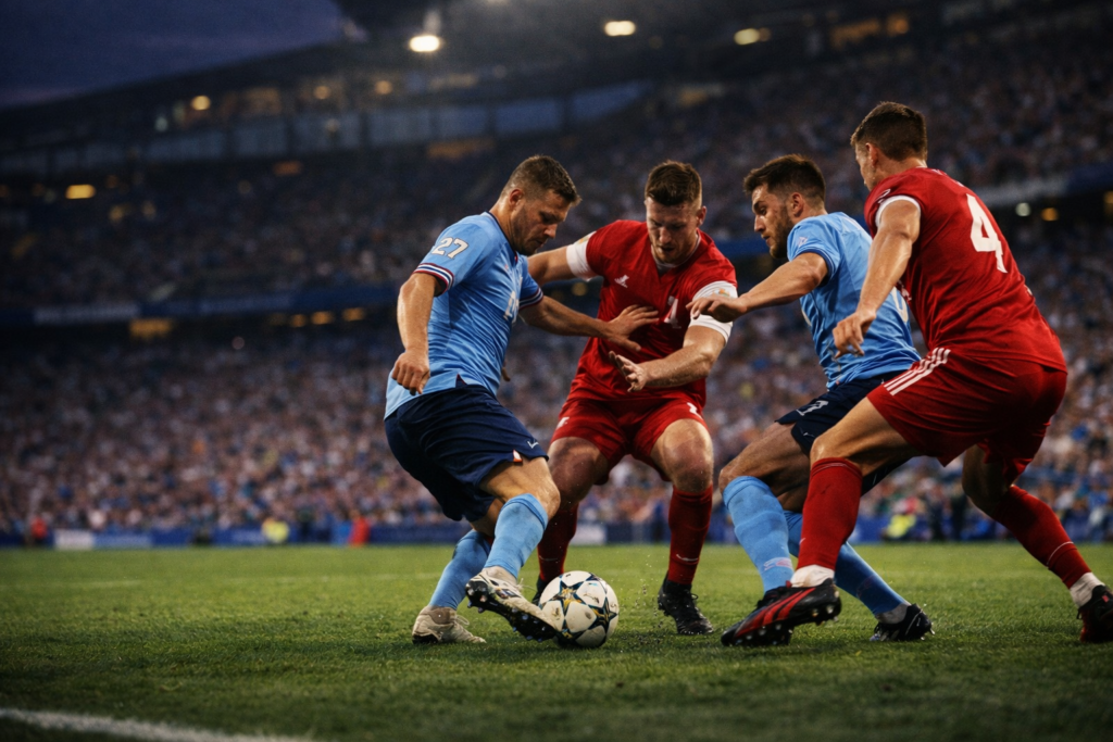 Three attackers combine in a tight space on the right wing while two defenders step out of shape under stadium lights, illustrating a numerical overload in football tactics part of football overloads and isolations tactics