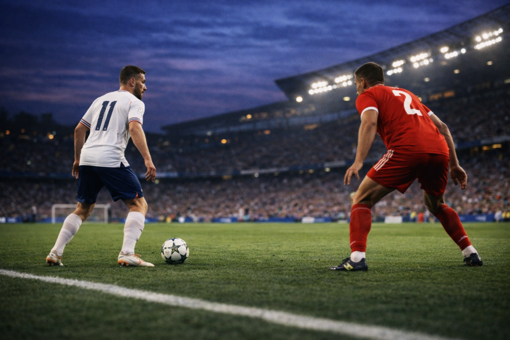 A winger faces a lone fullback near the touchline with open space ahead of him during a night match, illustrating an isolation scenario in attacking play.