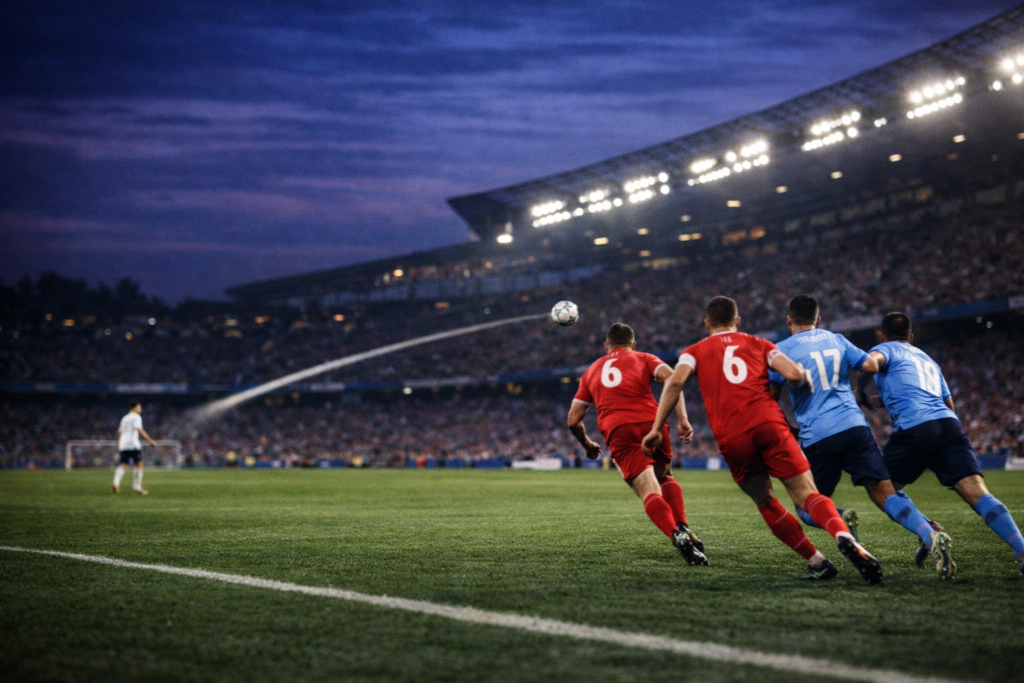 A long diagonal pass travels across the pitch as defenders scramble to recover their shape during a night match, showing the switch of play after an overload.
