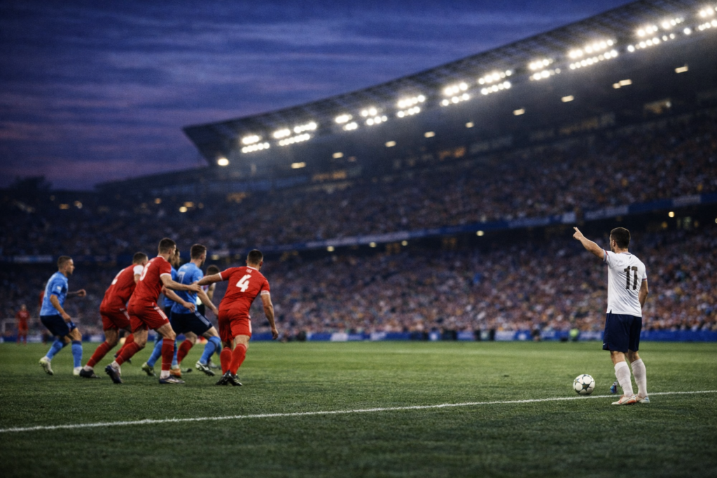 Defenders shift toward one side of the pitch while a wide attacker waits unmarked on the far flank during a night match, showing structural collapse.