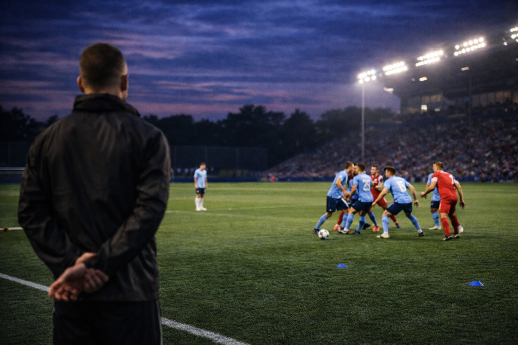 Players train on a floodlit pitch at dusk, combining on one side while a winger waits wide on the opposite flank, practicing overloads and isolations.