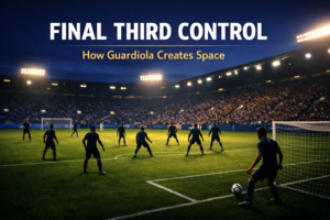 Editorial football tactics image showing a 3-2-2-3 attacking structure in the final third with wide wingers, half-space midfielders, and a compact rest-defense shape.