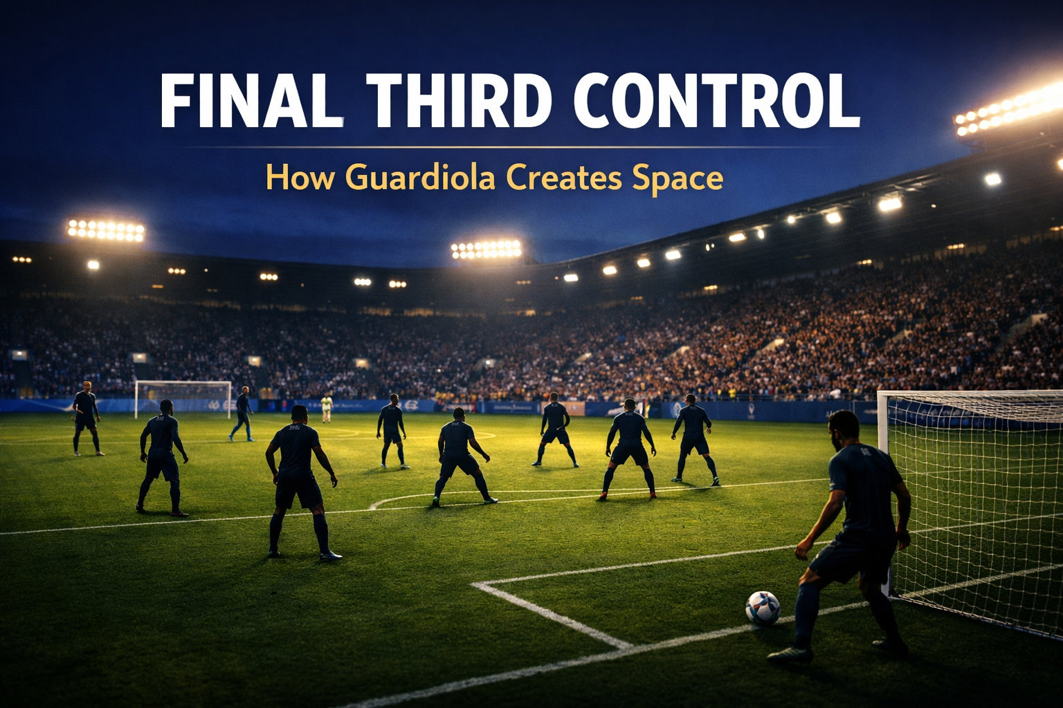 Editorial football tactics image showing a 3-2-2-3 attacking structure in the final third with wide wingers, half-space midfielders, and a compact rest-defense shape.