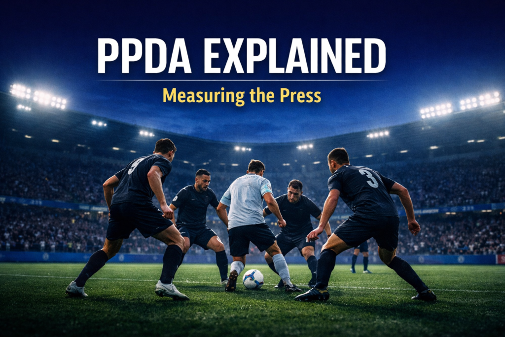 Editorial football image showing a compact pressing unit collapsing on a midfielder immediately after a forward pass, visually illustrating how PPDA measures defensive pressure intensity. Image showing PPDA Football Stats
