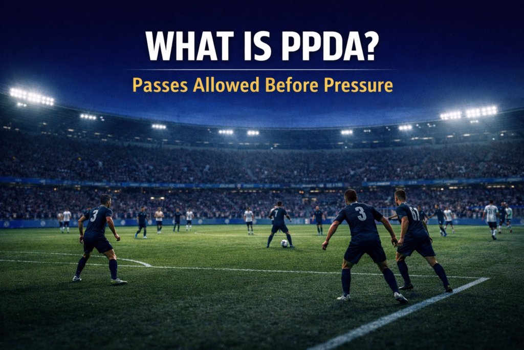 Editorial football image showing a defensive team allowing controlled passes before engaging, illustrating the concept of PPDA football stats.