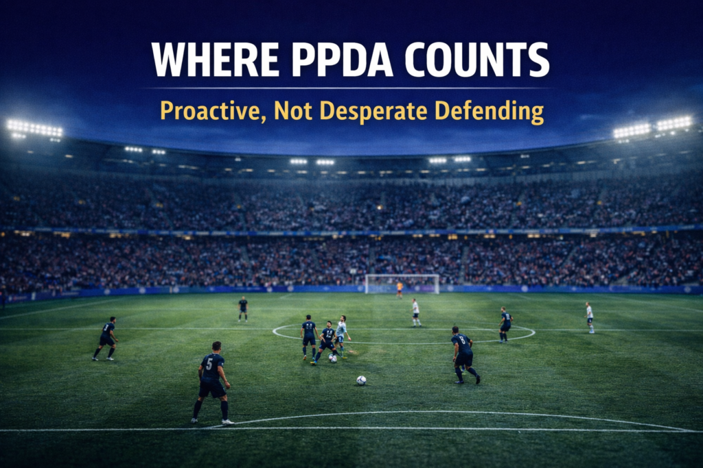 Editorial football image illustrating defensive actions occurring high up the pitch rather than inside the penalty area.