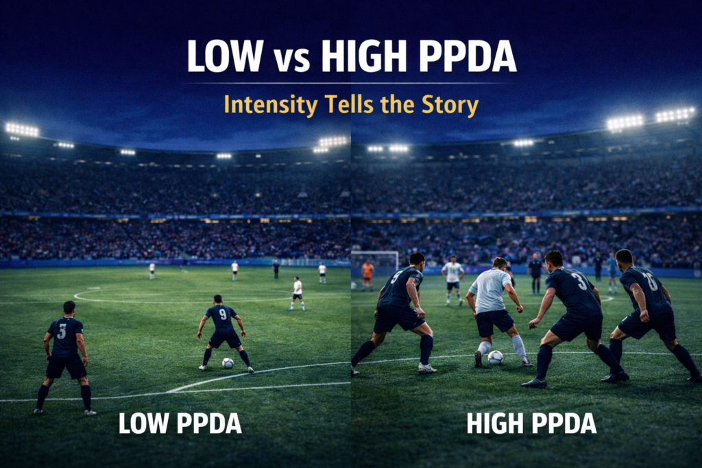 Editorial football image contrasting aggressive pressing with passive defending to illustrate differences in PPDA intensity.