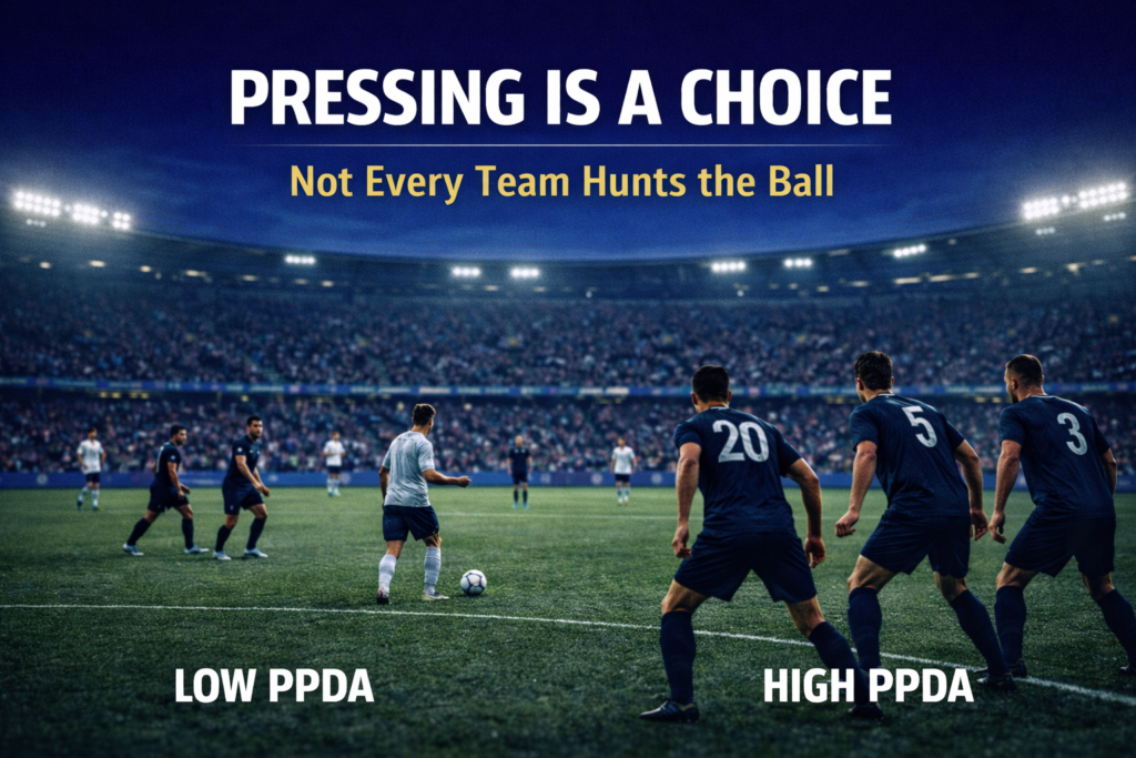 Editorial football image showing a disciplined defensive block prioritizing space control over aggressive pressing.