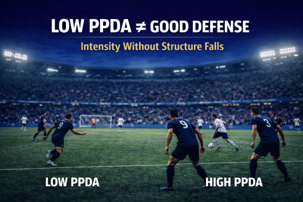 Editorial football image showing a disorganized press being bypassed despite aggressive defensive actions.