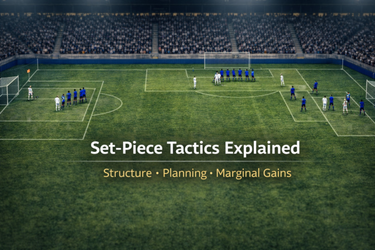 An editorial football tactics image showing a structured set-piece phase with attacking and defending teams positioned across corners and free kicks to illustrate planning and spatial control.