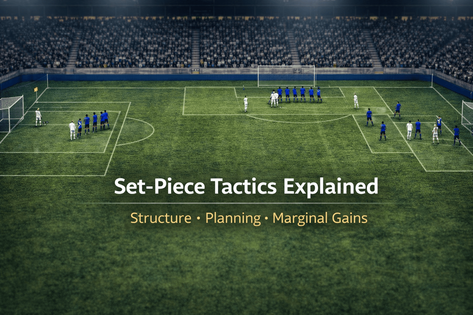 An editorial football tactics image showing a structured set-piece phase with attacking and defending teams positioned across corners and free kicks to illustrate planning and spatial control.