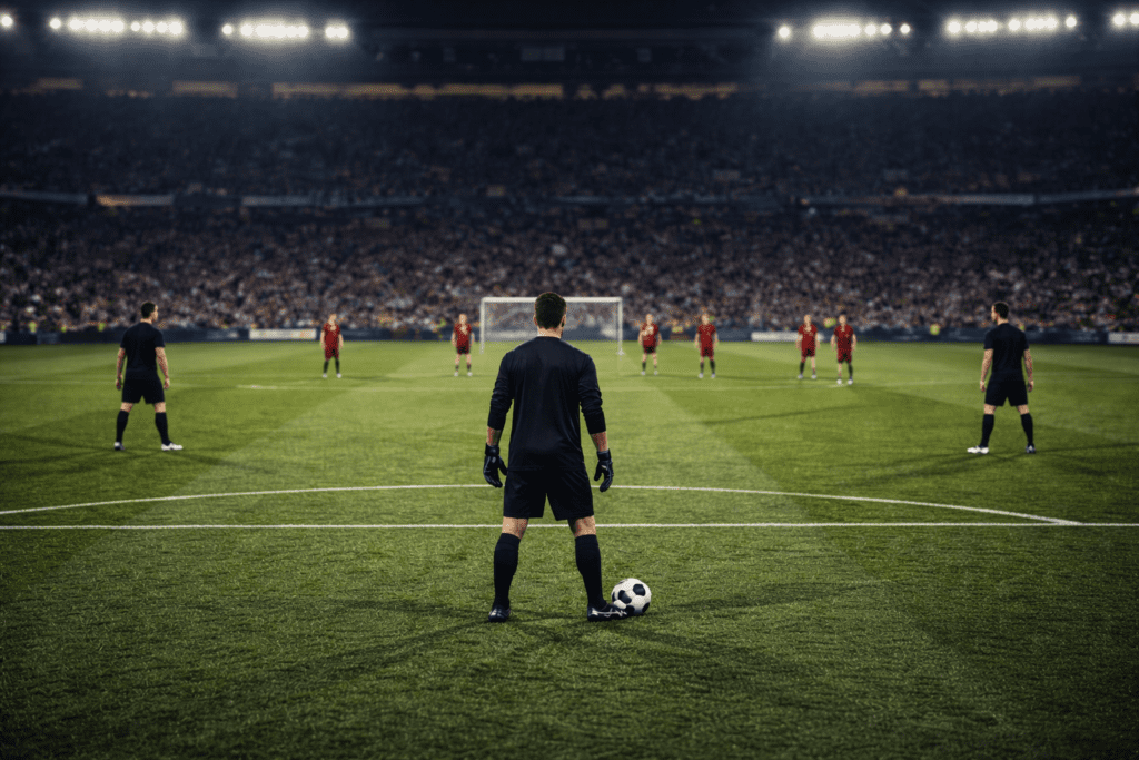 Editorial football image showing a sweeper-keeper positioned outside the penalty area to support build-up play showing sweeper-keeper tactics.