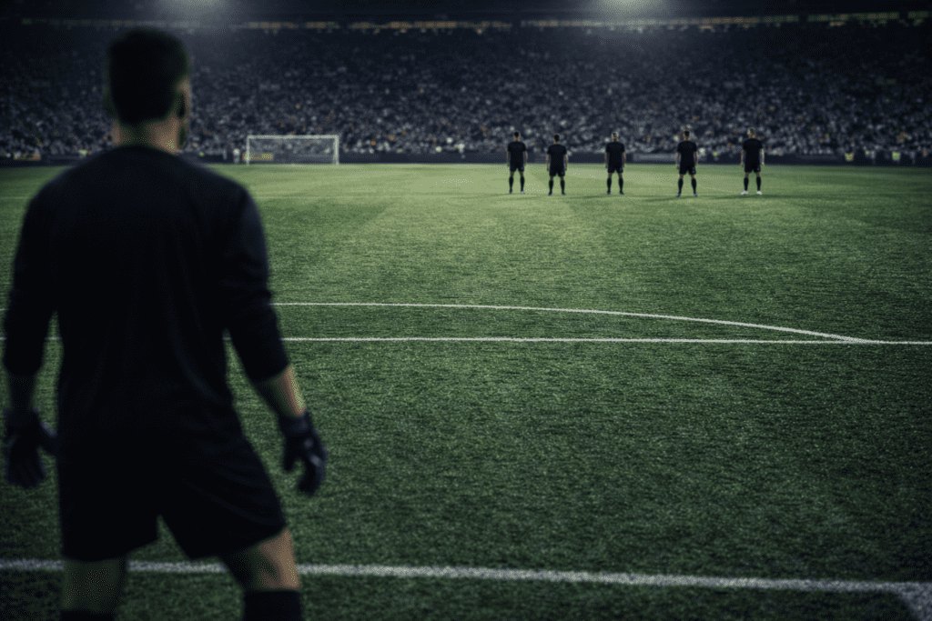 A goalkeeper positioning high up the pitch to cover the space behind a high defensive line.