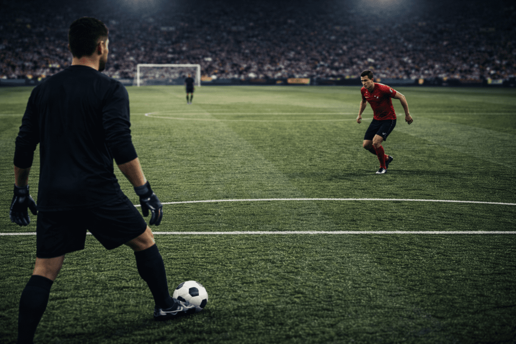 Editorial image showing a sweeper-keeper baiting an opposition press before releasing a pass to escape pressure.