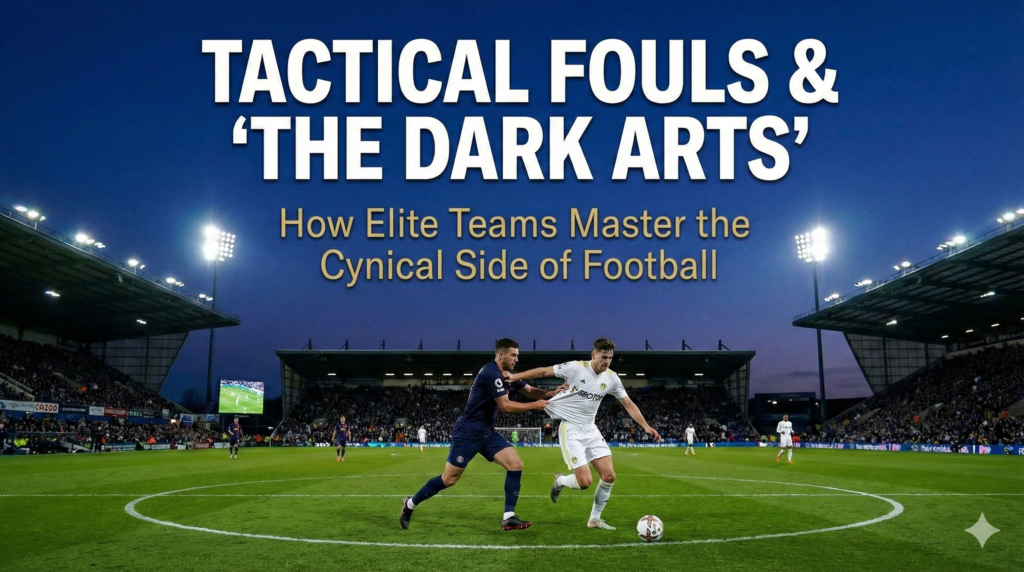 Tactical fouls explained: A photorealistic wide shot of a football match during blue hour, showing a defensive midfielder cynically pulling an opponent's jersey in the center circle to stop a transition. Overlay text reads "TACTICAL FOULS & 'THE DARK ARTS'".