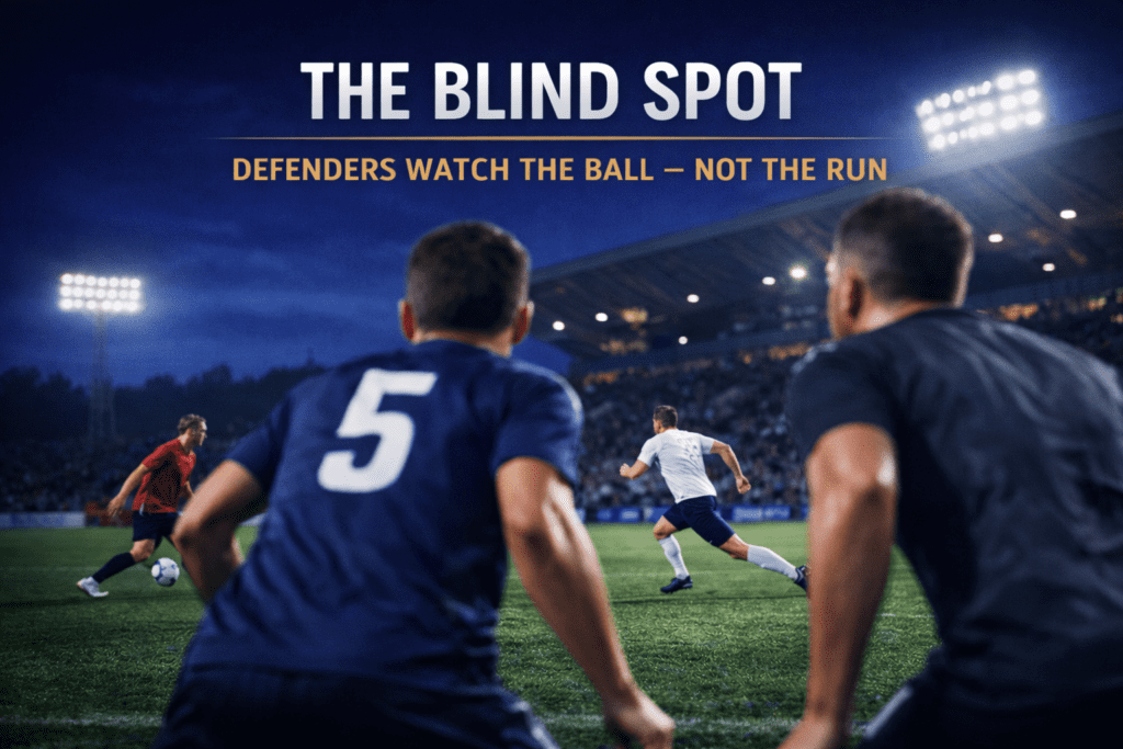 Defensive blind spot created during a third man run as defenders track the ball.