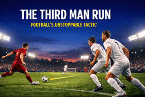 A midfielder playing a through ball while defenders are caught looking the wrong way under stadium floodlights.